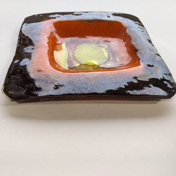 Mid Century Modern orange brown yellow Square Glass Dish for vintage credenza - Picture 6 of 8